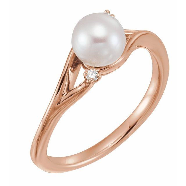 14K Rose Cultured White Freshwater Pearl & .03 CTW Natural Diamond Bypass Ring 