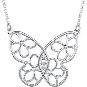Sterling Silver Butterfly & Floral-Inspired 15.5" Necklace   