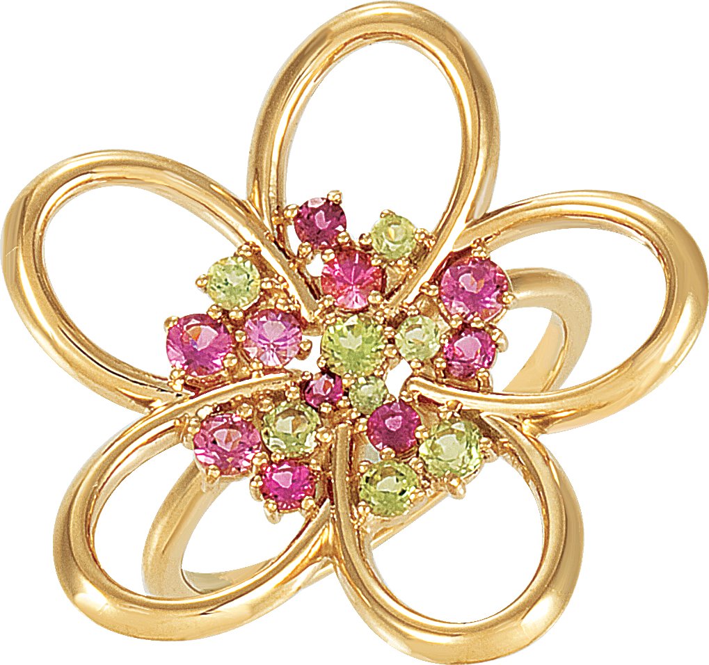 14K Yellow Peridot and Pink Tourmaline Floral Inspired Ring Ref 3417114