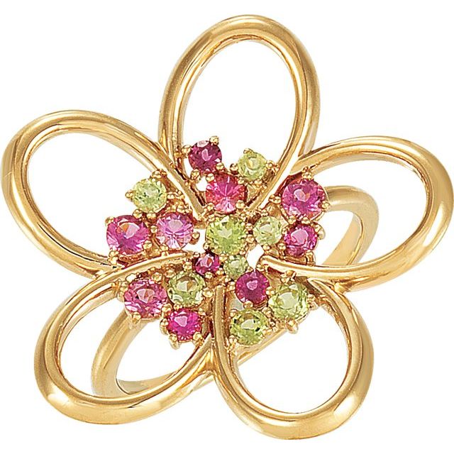 14K Yellow Peridot & Natural Pink Tourmaline Floral Ring