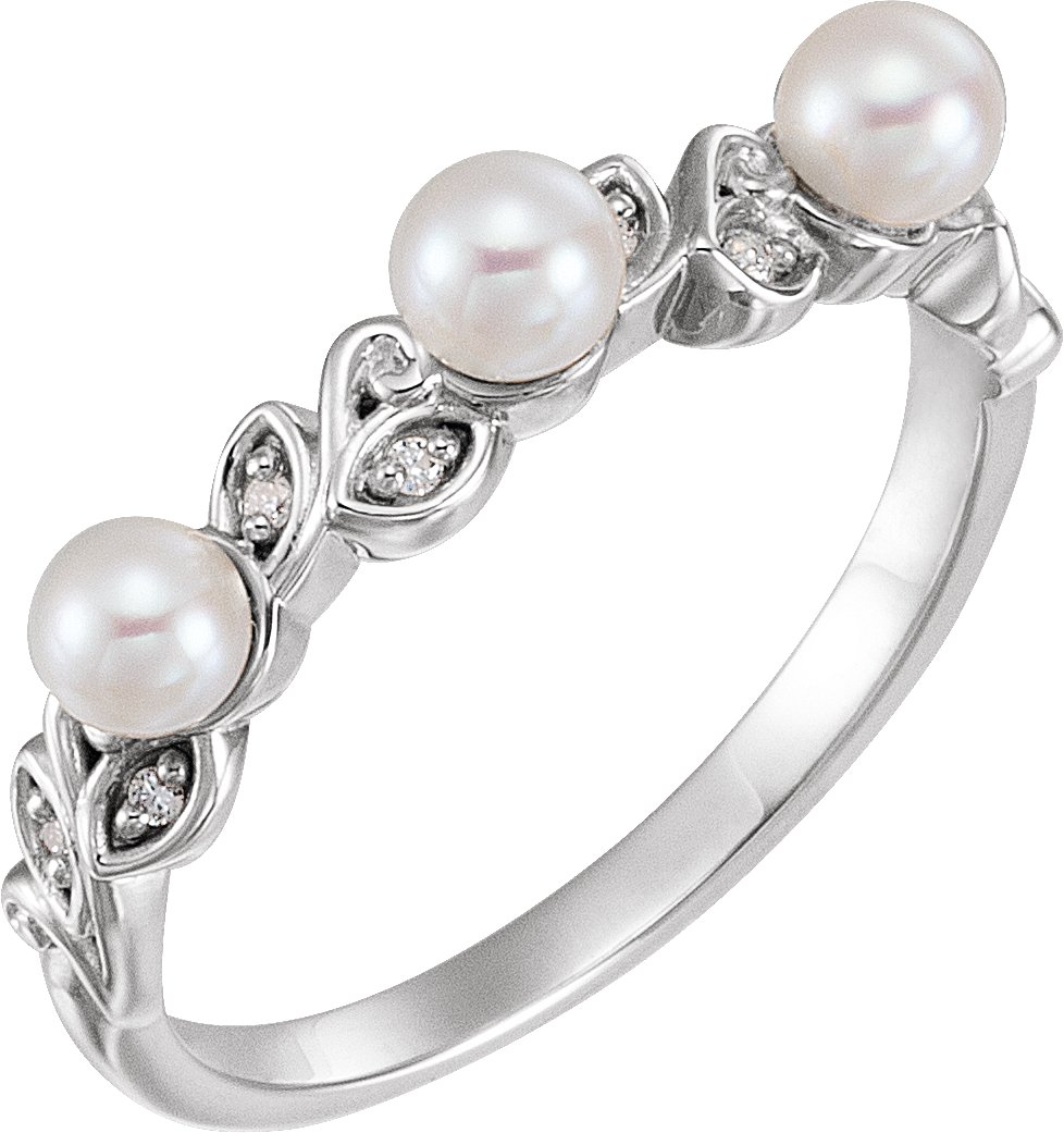 14K White Cultured White Seed Pearl & .03 CTW Natural Diamond Stackable Leaf Pattern Ring
