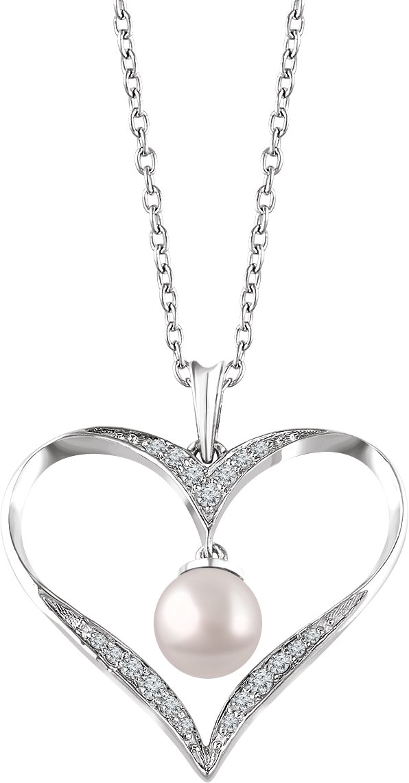 Sterling Silver Cultured White Freshwater Pearl & 1/6 CTW Natural Diamond Heart 16-18" Necklace 