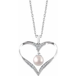 Sterling Silver Cultured White Freshwater Pearl & 1/6 CTW Natural Diamond Heart 16-18" Necklace 
