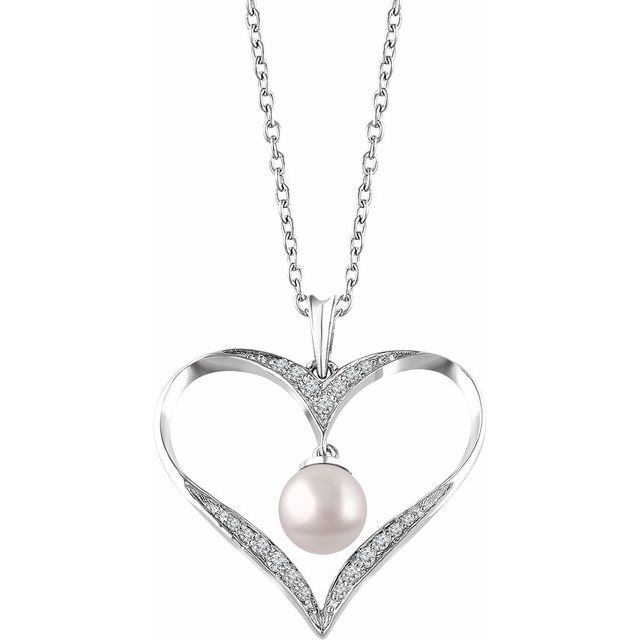 Sterling Silver Freshwater Cultured Pearl & 1/6 CTW Diamond Heart 16-18