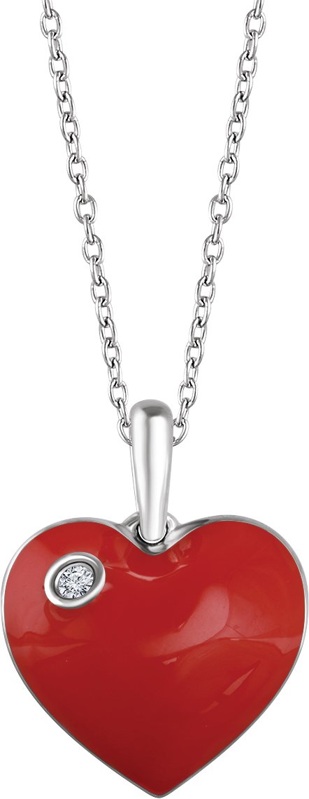 Sterling Silver .02 CT Natural Diamond Red Enamel Heart 16-18 Necklace 