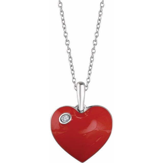 Sterling Silver .02 CT Natural Diamond Red Enamel Heart 16-18 Necklace 