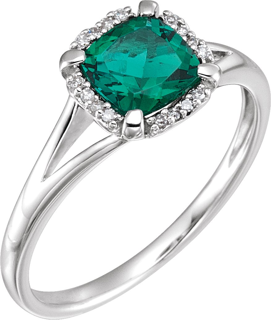 14K White Lab-Grown Emerald & .05 CTW Natural Diamond Ring