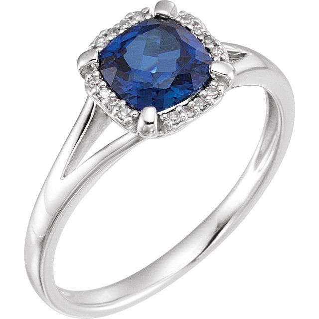 14K White Lab-Grown Blue Sapphire & .05 CTW Natural Diamond Ring