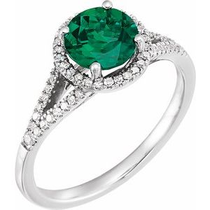 14K White Lab-Grown Emerald & 1/6 CTW Natural Diamond Ring  