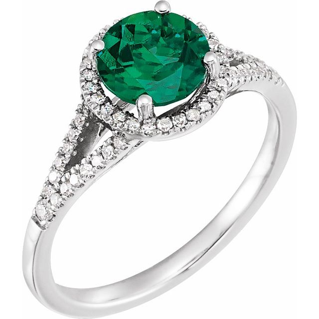 14K White Lab-Grown Emerald & 1/6 CTW Natural Diamond Ring  