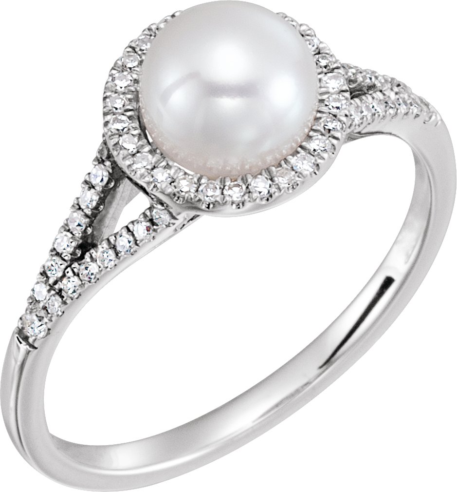 14K White Cultured White Freshwater Pearl & 1/5 CTW Natural Diamond Ring
