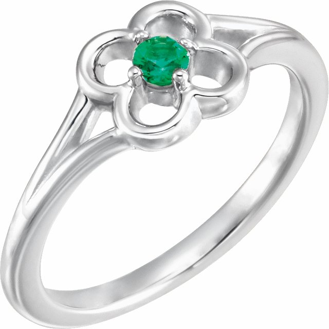 14K White Natural Emerald Youth Flower Ring