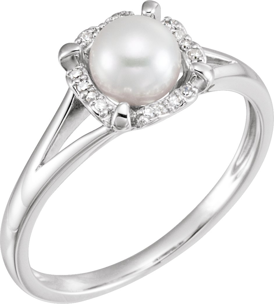 14K White Cultured White Freshwater Pearl & .05 CTW Natural Diamond Ring