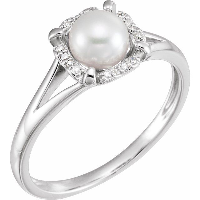 14K White Cultured White Freshwater Pearl & .05 CTW Natural Diamond Ring