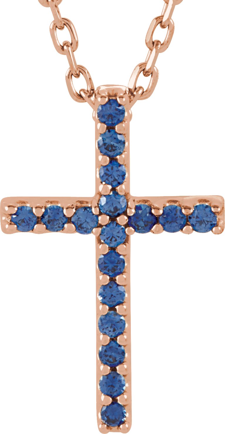 14K Rose Natural Blue Sapphire Petite Cross 16