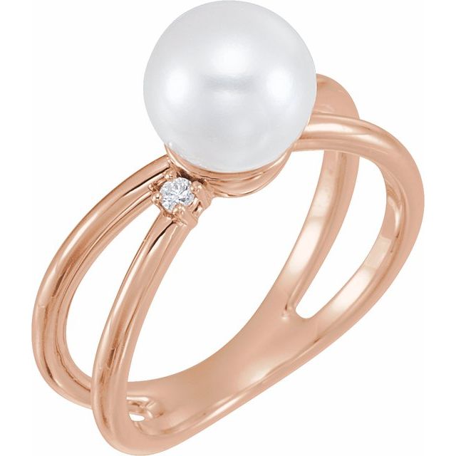 14K Rose Cultured White Freshwater Pearl & .04 CTW Natural Diamond Ring  