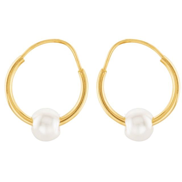 14K Yellow Cultured White Freshwater Pearl Hoop Earrings