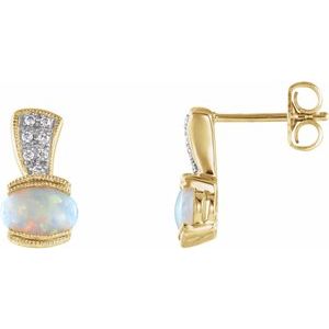 14K Yellow Natural White Opal & .07 CTW Natural Diamond Earrings