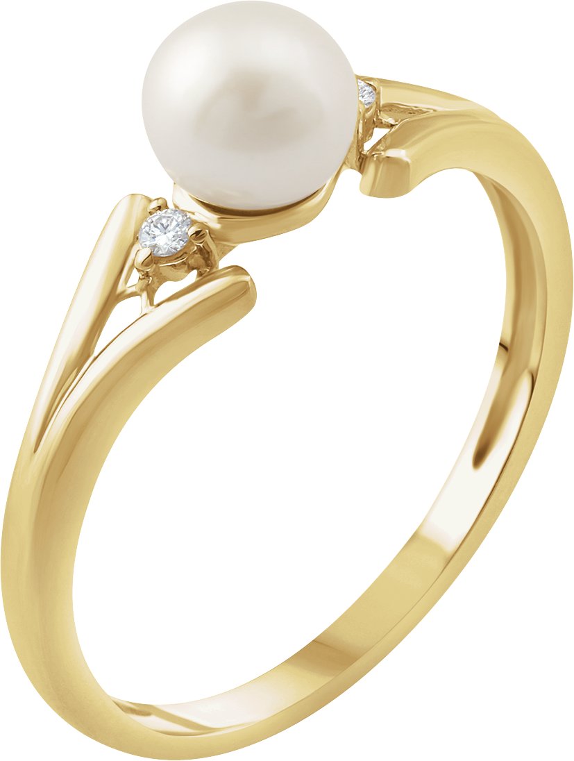 Cultured White Freshwater Pearl And .03 CTW Natural Diamond Ring – 14K Yellow Gold