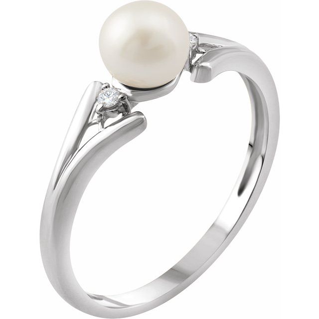 14K White Cultured White Freshwater Pearl & .03 CTW Natural Diamond Ring  