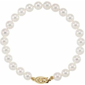 14K Yellow Cultured White Akoya Pearl 7" Bracelet