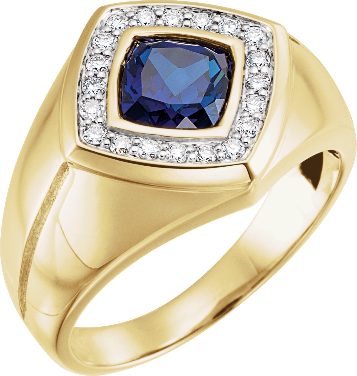 14K Yellow Men-s Created Blue Sapphire & .025 CTW Diamond Ring