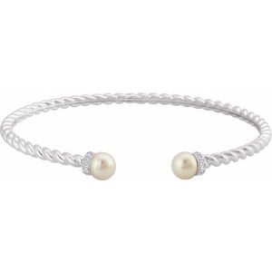 14K White Cultured White Freshwater Pearl & 1/10 CTW Natural Diamond Cuff 7" Bracelet