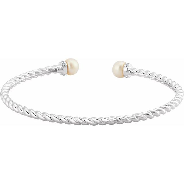 14K White Freshwater Cultured Pearl & 1/10 CTW Diamond Cuff Bracelet  