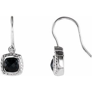 14K White Natural Black Onyx & .03 CT Natural Diamond Earrings