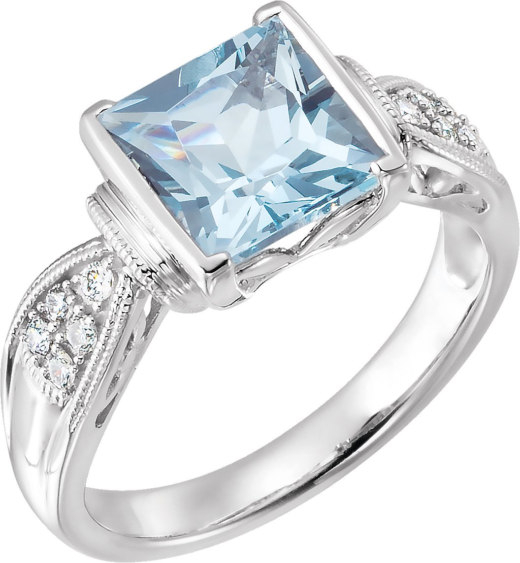 14K White Natural Aquamarine & 1/8 CTW Natural Diamond Ring