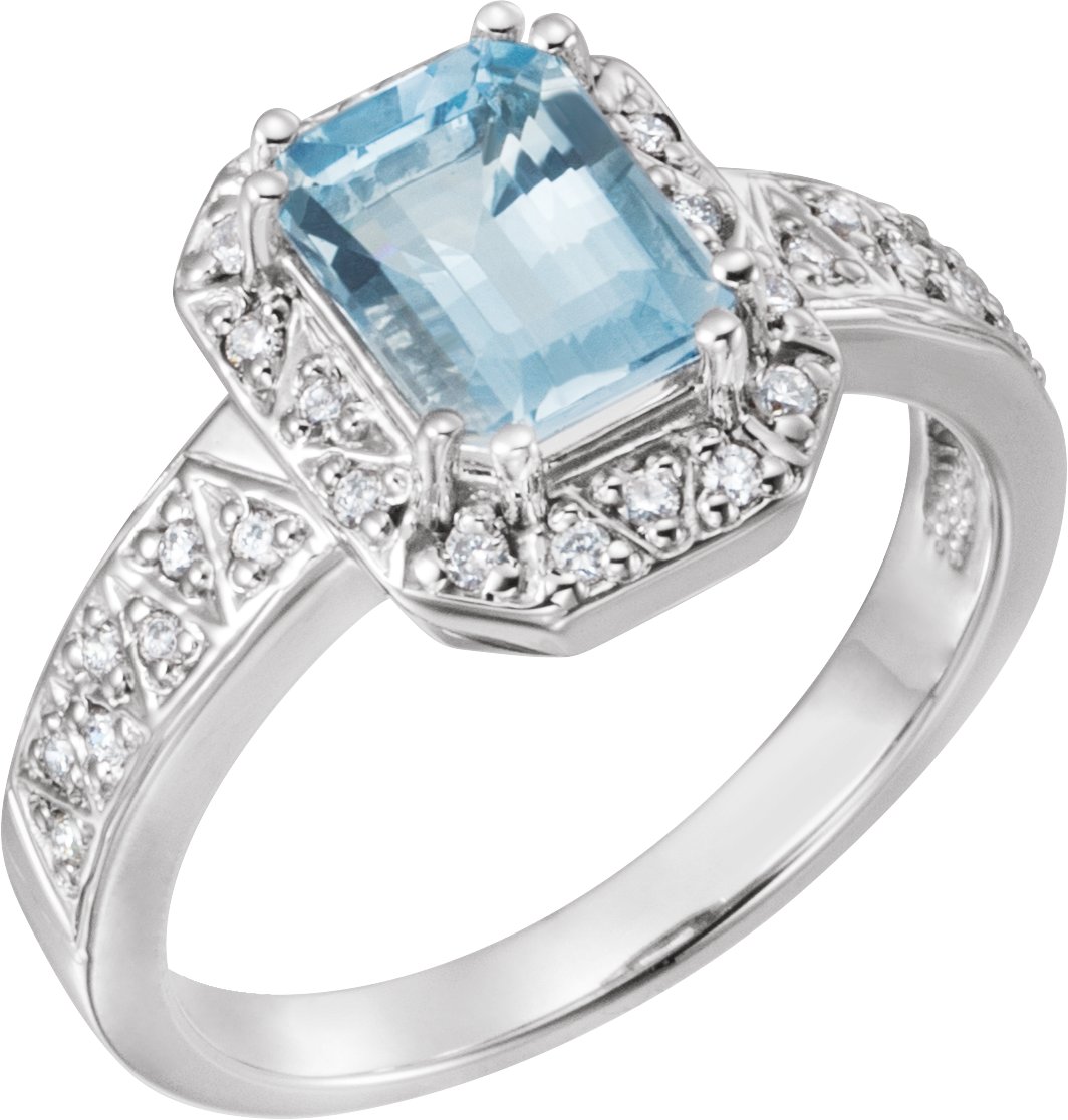 14K White Natural Aquamarine & 1/8 CTW Natural Diamond Ring