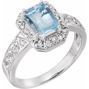 14K White Natural Aquamarine & 1/8 CTW Natural Diamond Ring