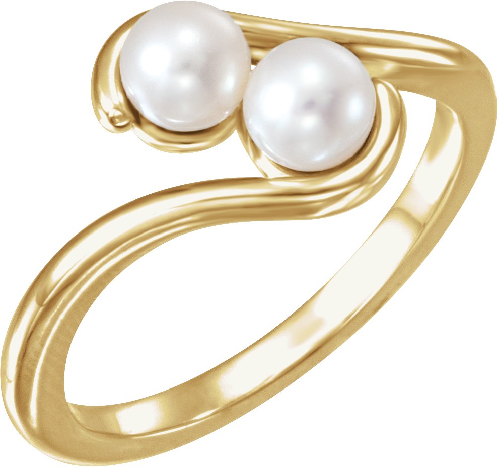 14K Yellow Cultured White Freshwater Pearl Two-Stone Ring