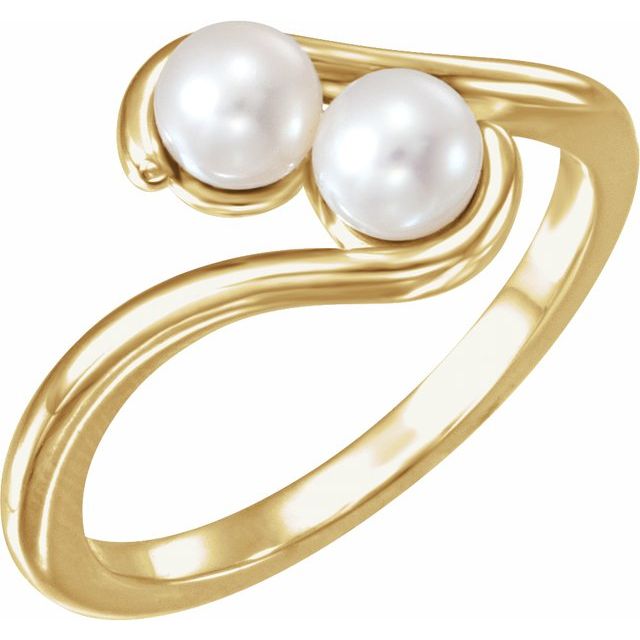 14K Yellow Cultured White Freshwater Pearl Two-Stone Ring
