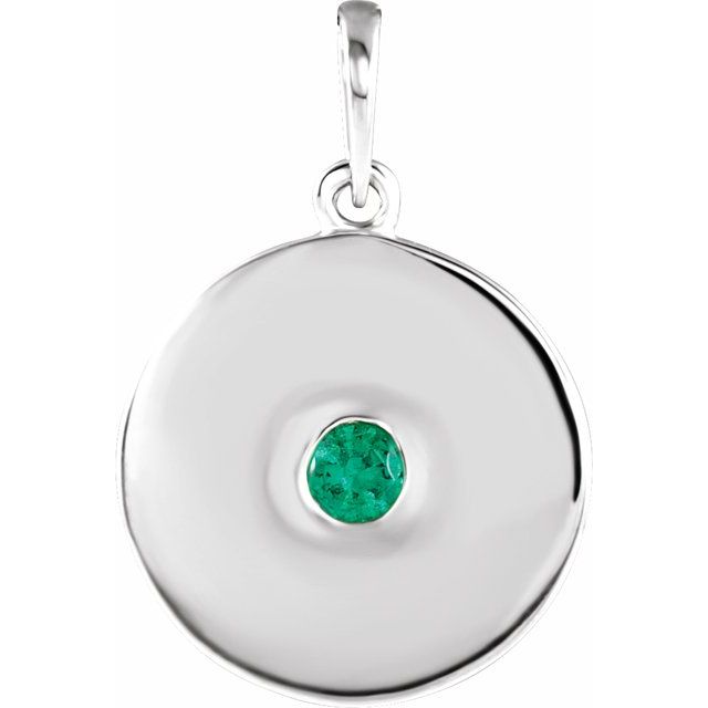 14K White Natural Emerald Disc Pendant
