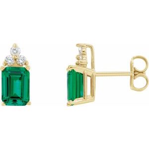 14K Yellow Lab-Grown Emerald & 1/8 CTW Natural Diamond Earrings
