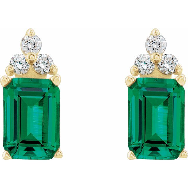 14K Yellow Lab-Grown Emerald & 1/8 CTW Natural Diamond Earrings