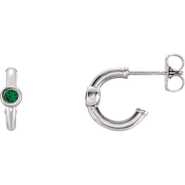 14K White Natural Emerald Huggie Hoop Earrings