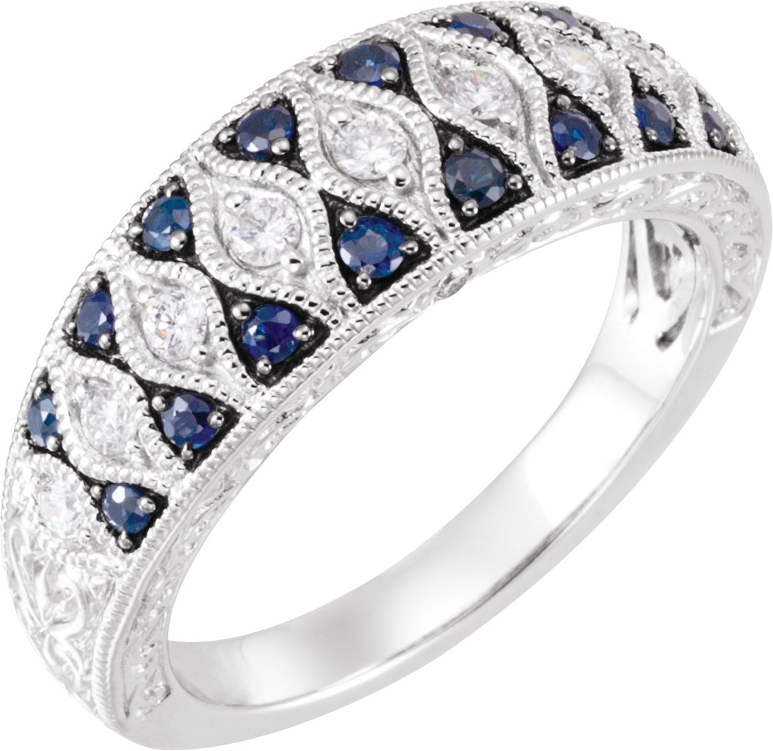 Blue Sapphire & Diamond Granulated Design Ring