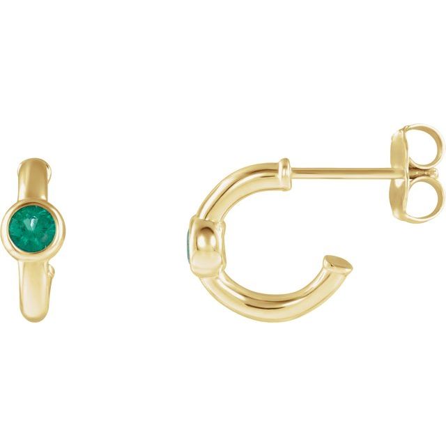 14K Yellow Natural Emerald Huggie Hoop Earrings