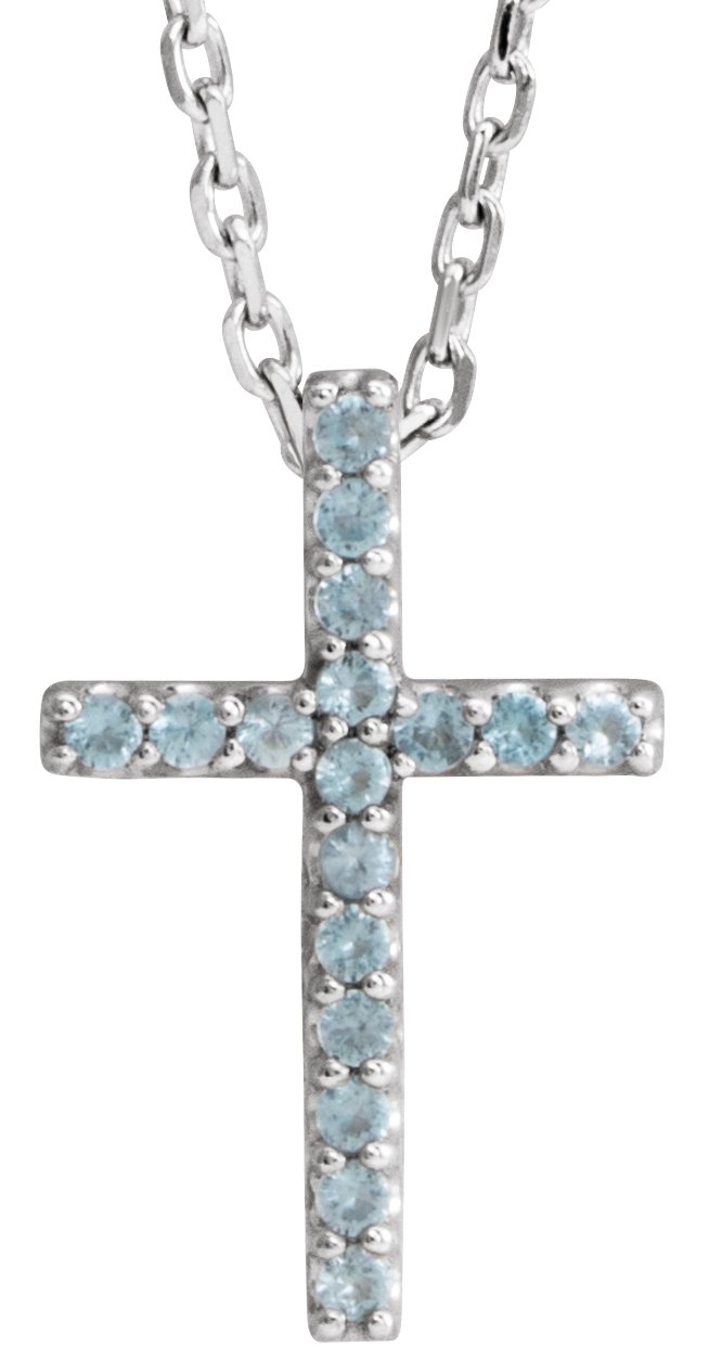 14K White Natural Swiss Blue Topaz Petite Cross 16