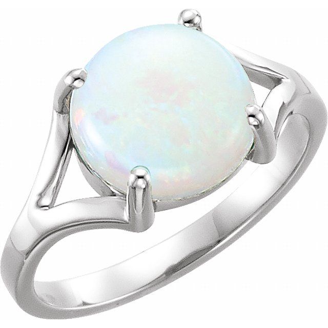 14K White 8 mm Natural Opal Cabochon Ring