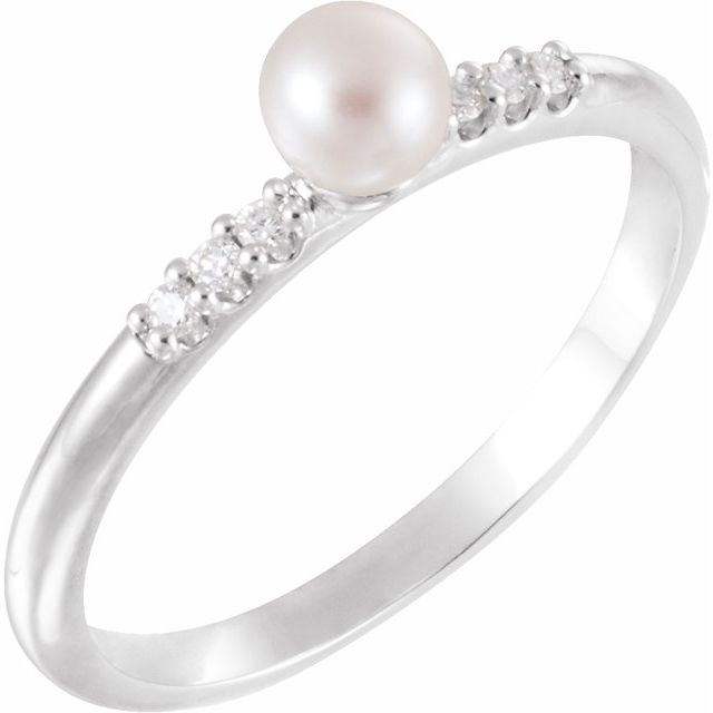 14K White Cultured White Freshwater Pearl & .05 CTW Natural Diamond Ring 