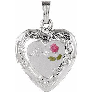 Sterling Silver 27x18.7 mm Mom Heart Locket with Rose