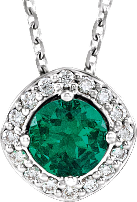 14K White Lab-Grown Emerald & .08 CTW Natural Diamond 18" Necklace    