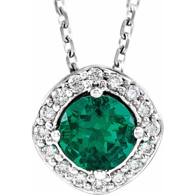 14K White Lab-Grown Emerald & .08 CTW Natural Diamond 18