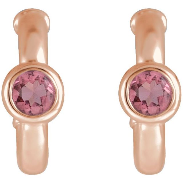 14K Rose Natural Pink Tourmaline Huggie Hoop Earrings