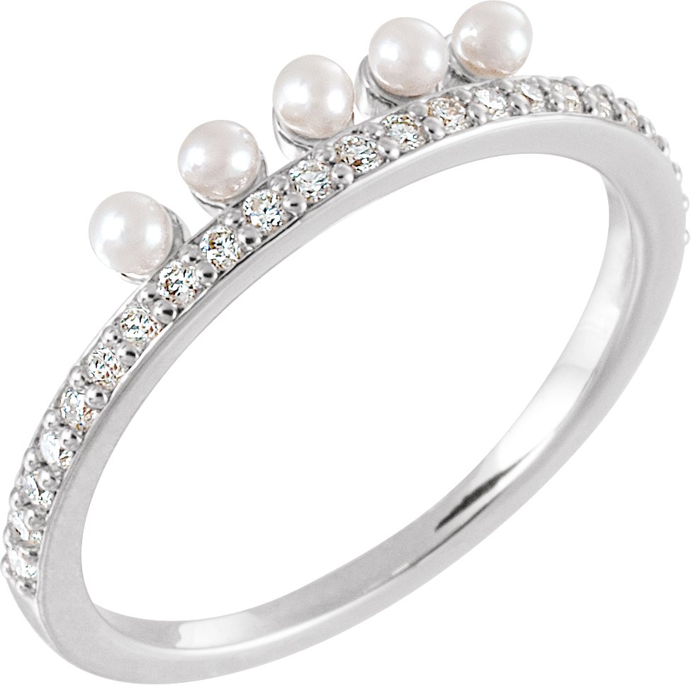 14K White Cultured White Freshwater Pearl & 1/5 CTW Natural Diamond Stackable Ring  