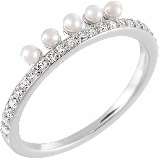 14K White Cultured White Freshwater Pearl & 1/5 CTW Natural Diamond Stackable Ring  