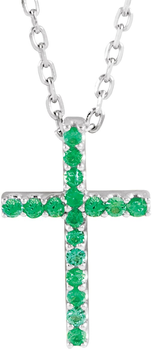 14K White Natural Emerald Petite Cross 16